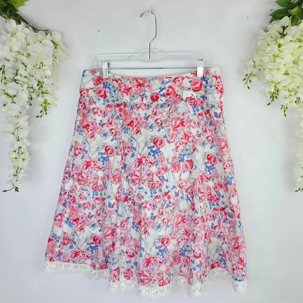Floral A-Line Skirt Medium White Pink Blue Lace Trim Cottagecore Coquette Girly